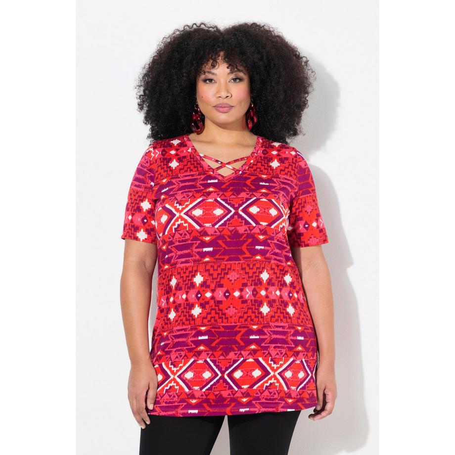 Ulla Popken T-shirt long Rubans décoratifs Coupe évasée Col V Manches courtes  