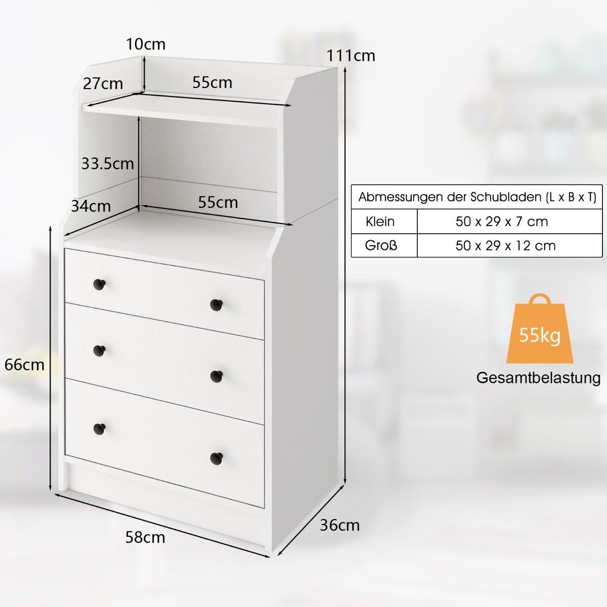 Northix Commode à 3 tiroirs, étagères et dispositif anti-basculement. Meuble à tiroirs blanc.  