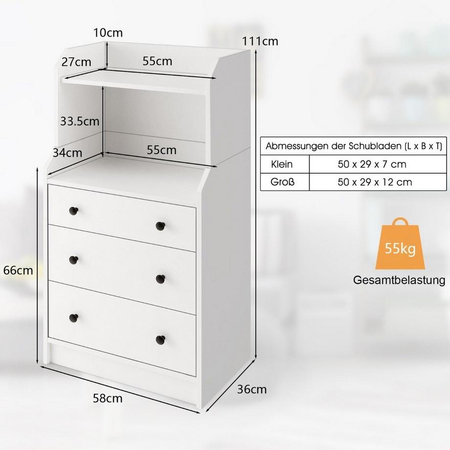 Northix Cassettiera con 3 cassetti e ripiani e dispositivo antiribaltamento Cassettiera Bianca  