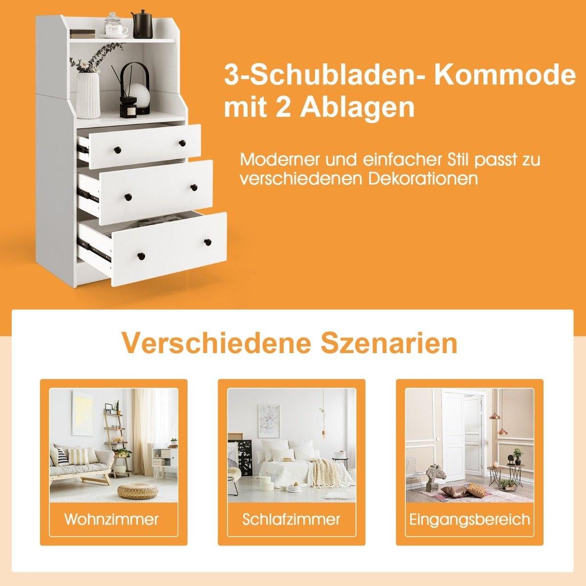 Northix Commode à 3 tiroirs, étagères et dispositif anti-basculement. Meuble à tiroirs blanc.  
