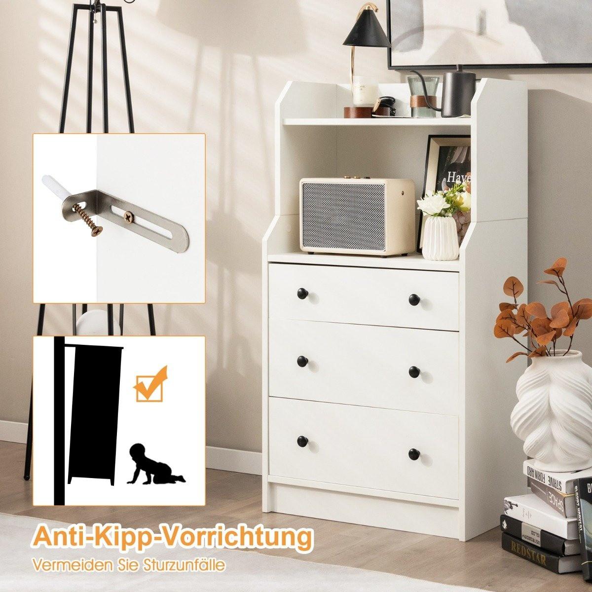Northix Commode à 3 tiroirs, étagères et dispositif anti-basculement. Meuble à tiroirs blanc.  
