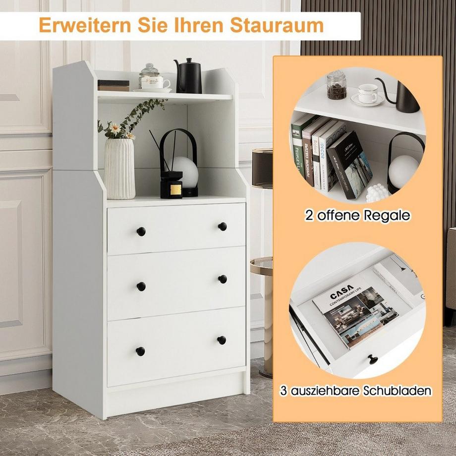 Northix Cassettiera con 3 cassetti e ripiani e dispositivo antiribaltamento Cassettiera Bianca  