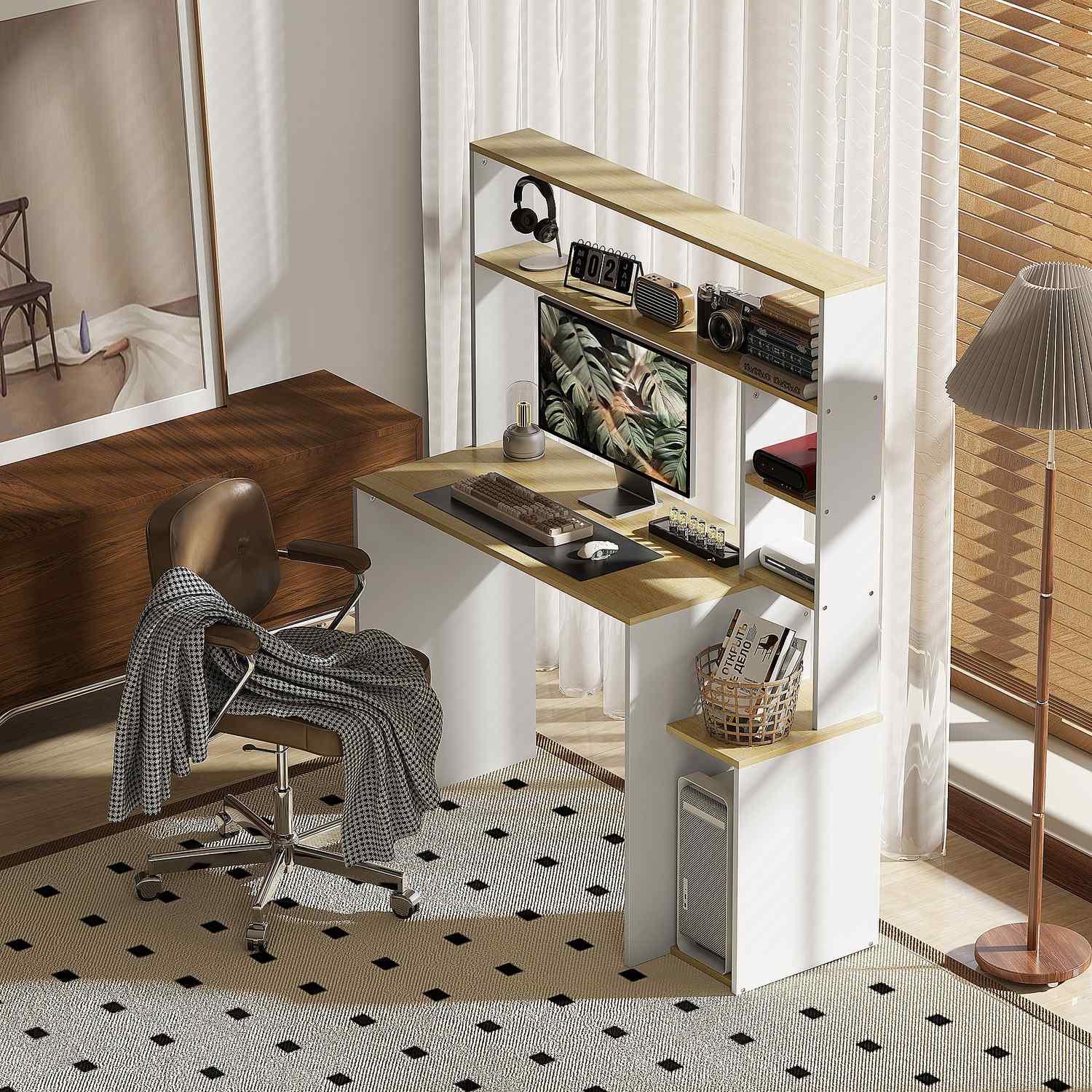 Northio Bureau 113 x 45 cm Bureau d'ordinateur Table de bureau avec étagères ouvertes Support CPU Cadre en acier pour bureau à domicile Chambre à coucher Chêne |  