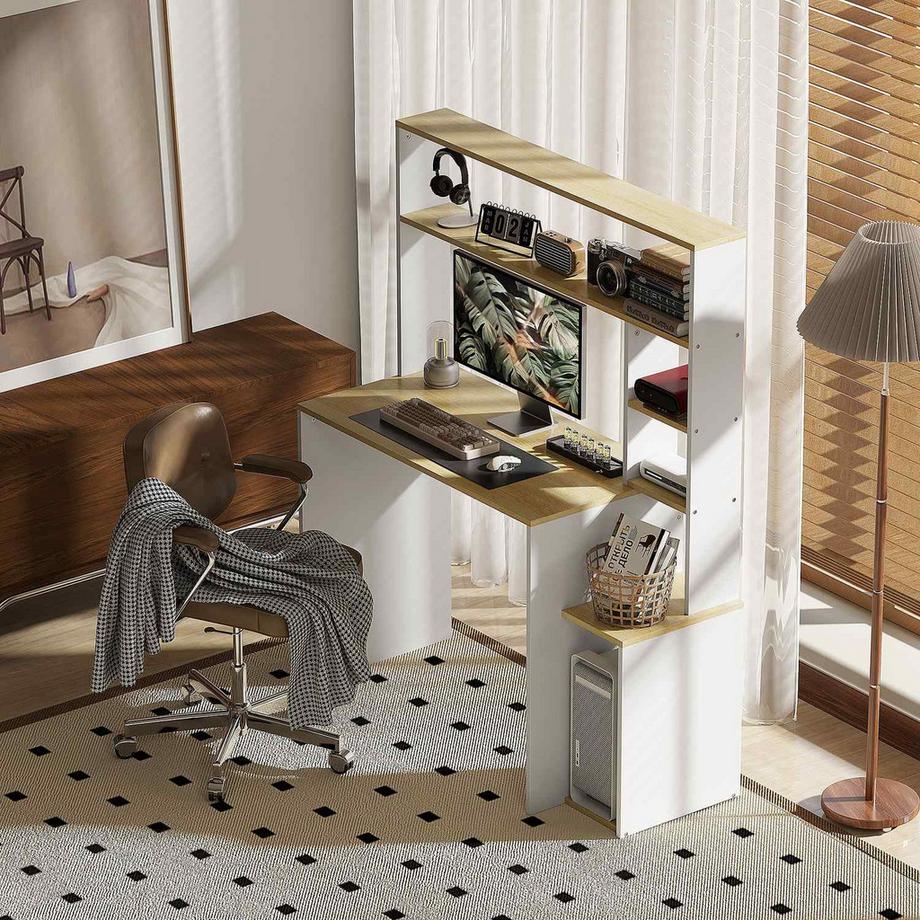 Northio Schreibtisch 113 x 45 cm Computertisch Bürotisch mit offenen Regalen, CPU-Ständer, Stahlgestell für Home Office, Schlafzimmer Eiche |  