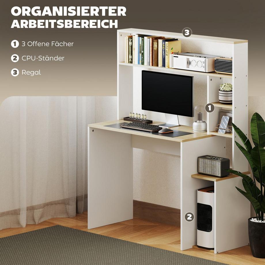 Northio Schreibtisch 113 x 45 cm Computertisch Bürotisch mit offenen Regalen, CPU-Ständer, Stahlgestell für Home Office, Schlafzimmer Eiche |  