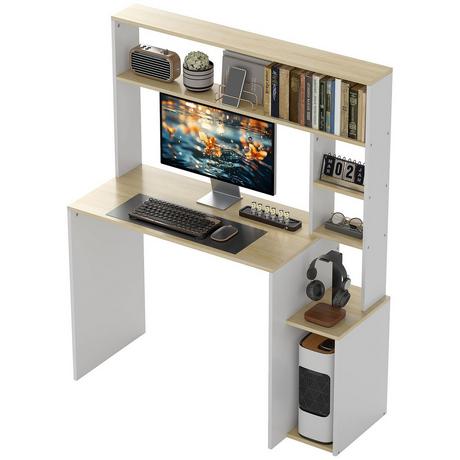 Northio Bureau 113 x 45 cm Bureau d'ordinateur Table de bureau avec étagères ouvertes Support CPU Cadre en acier pour bureau à domicile Chambre à coucher Chêne |  