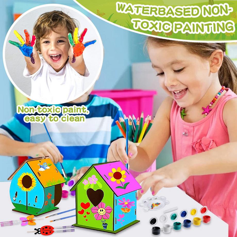 Activity-board  3 Stück DIY Vogelhaus aus Holz für Kinder,DIY Vogelhaus für Kinder,mit Pigment,Kleines handgemachtes Vogelhaus aus Holz 