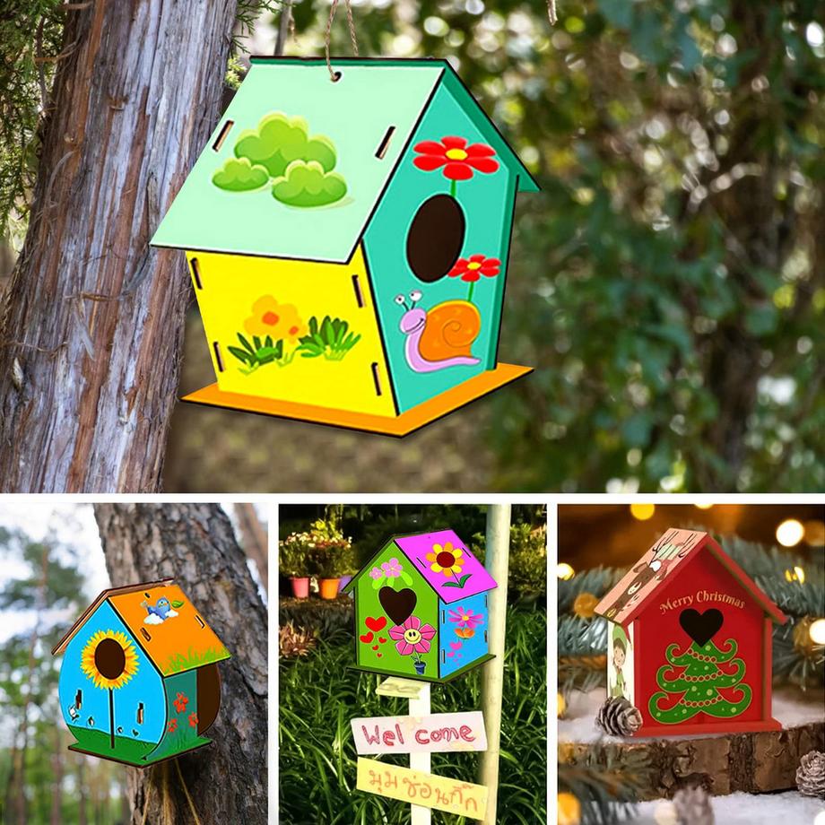 Activity-board  3 Stück DIY Vogelhaus aus Holz für Kinder,DIY Vogelhaus für Kinder,mit Pigment,Kleines handgemachtes Vogelhaus aus Holz 