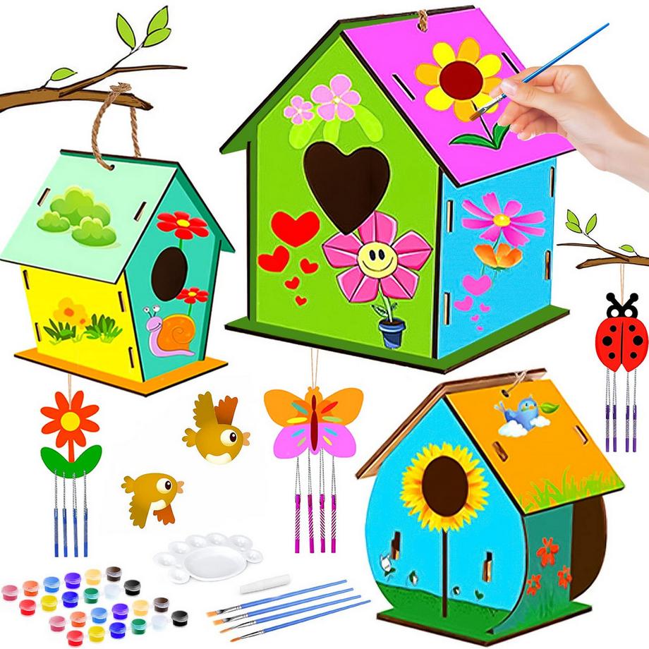 Activity-board  3 Stück DIY Vogelhaus aus Holz für Kinder,DIY Vogelhaus für Kinder,mit Pigment,Kleines handgemachtes Vogelhaus aus Holz 