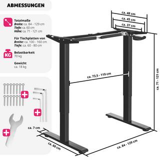 Tectake Tischgestell Idun, höhenverstellbar, mit Handkurbel  