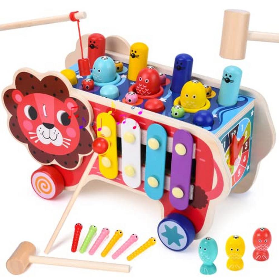 7-in-1 Holzklopfspiel Klopfbank Angelspiel Hammerspiel Holzspielzeug Xylophon Uhr Kinderspielzeug Motorikspielzeug Lernspielzeug