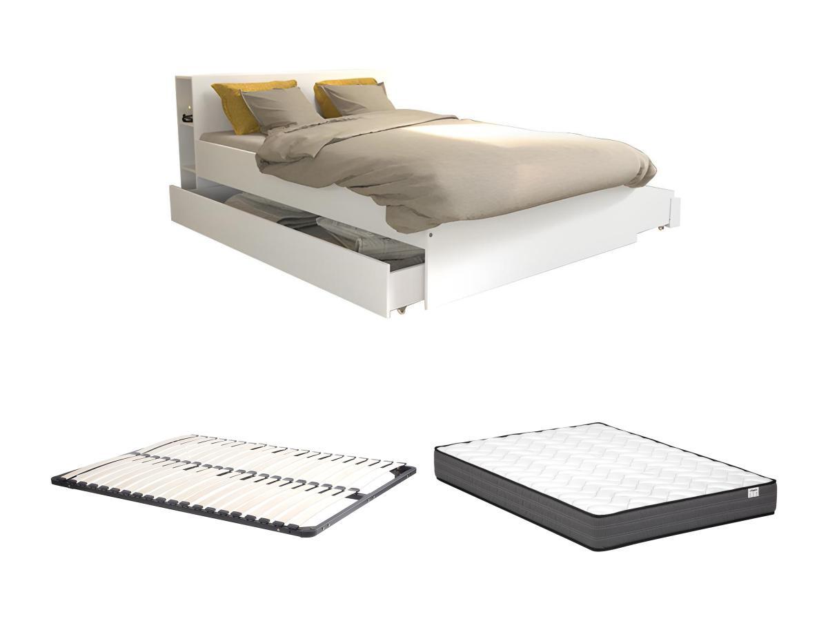 Vente-unique Lit avec tête de lit rangements et tiroirs 140 x 190 cm - Blanc + Sommier + Matelas - EUGENE  