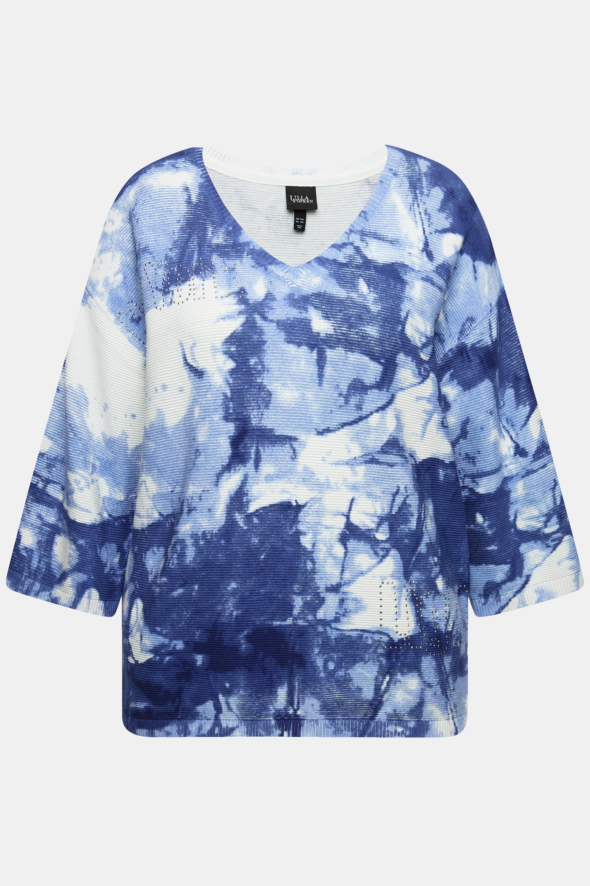 Ulla Popken Pull Motif Batik Pierres Fantaisie Col en V Manches 3/4  