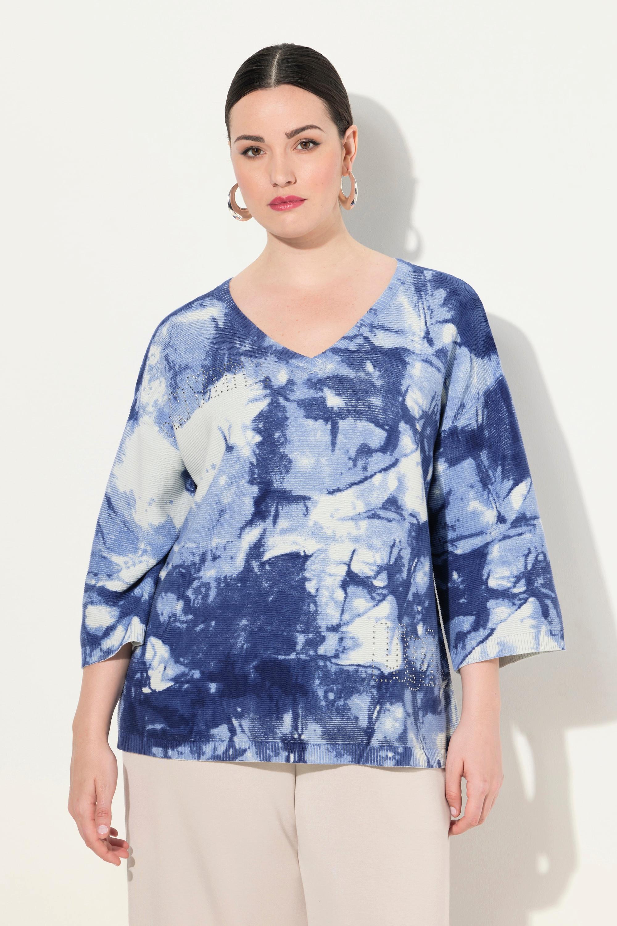 Ulla Popken Pull Motif Batik Pierres Fantaisie Col en V Manches 3/4  