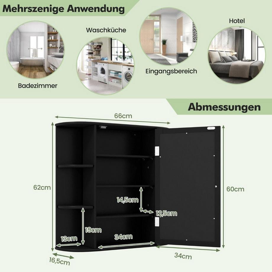 Northix Mobile a specchio da bagno 4 scomparti e 6 ripiani aperti mobile da bagno con specchio 66 x 17 x 63 cm nero  