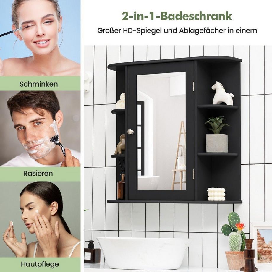 Northix Mobile a specchio da bagno 4 scomparti e 6 ripiani aperti mobile da bagno con specchio 66 x 17 x 63 cm nero  