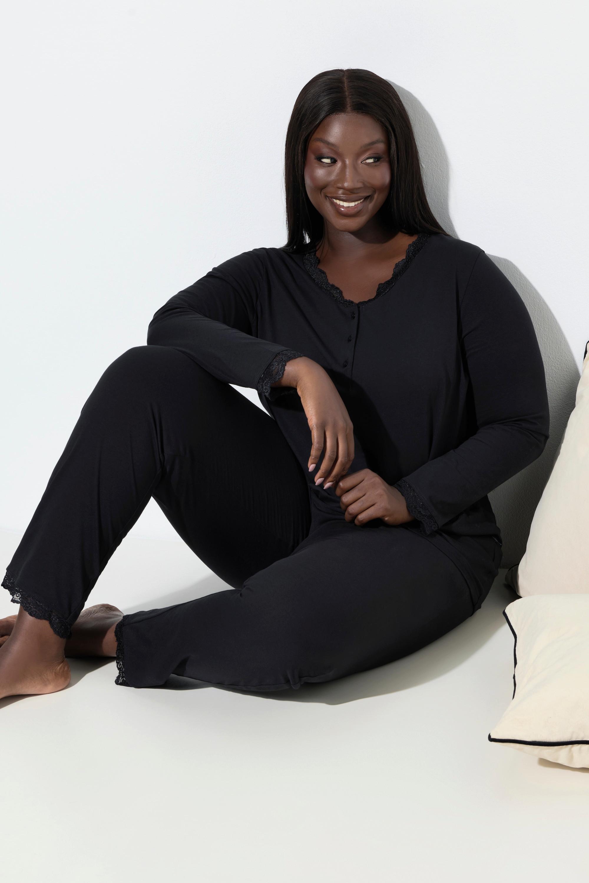 Ulla Popken Pigiama Pizzo Bottoni Scollo a V Maniche Lunghe  