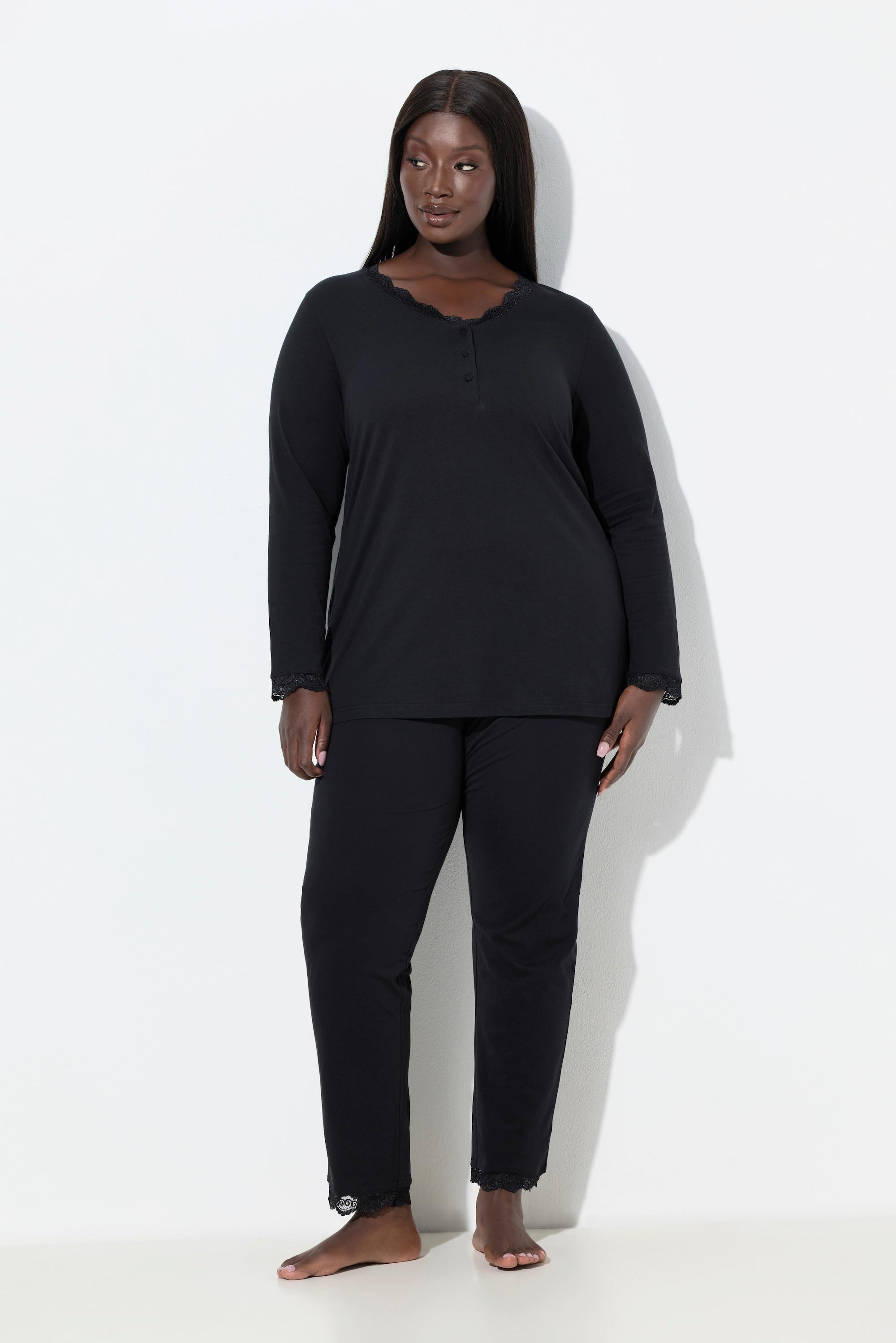 Ulla Popken Pigiama Pizzo Bottoni Scollo a V Maniche Lunghe  