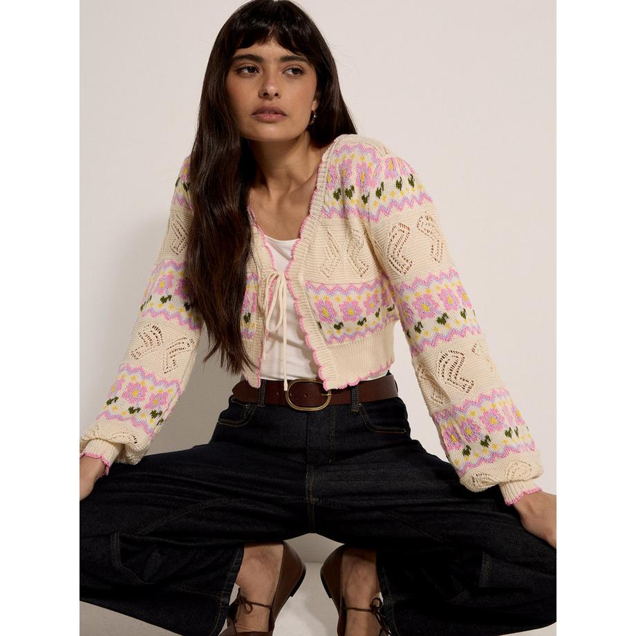 Pointelle-Strickjacke mit Schmetterlings- und Blumenmuster