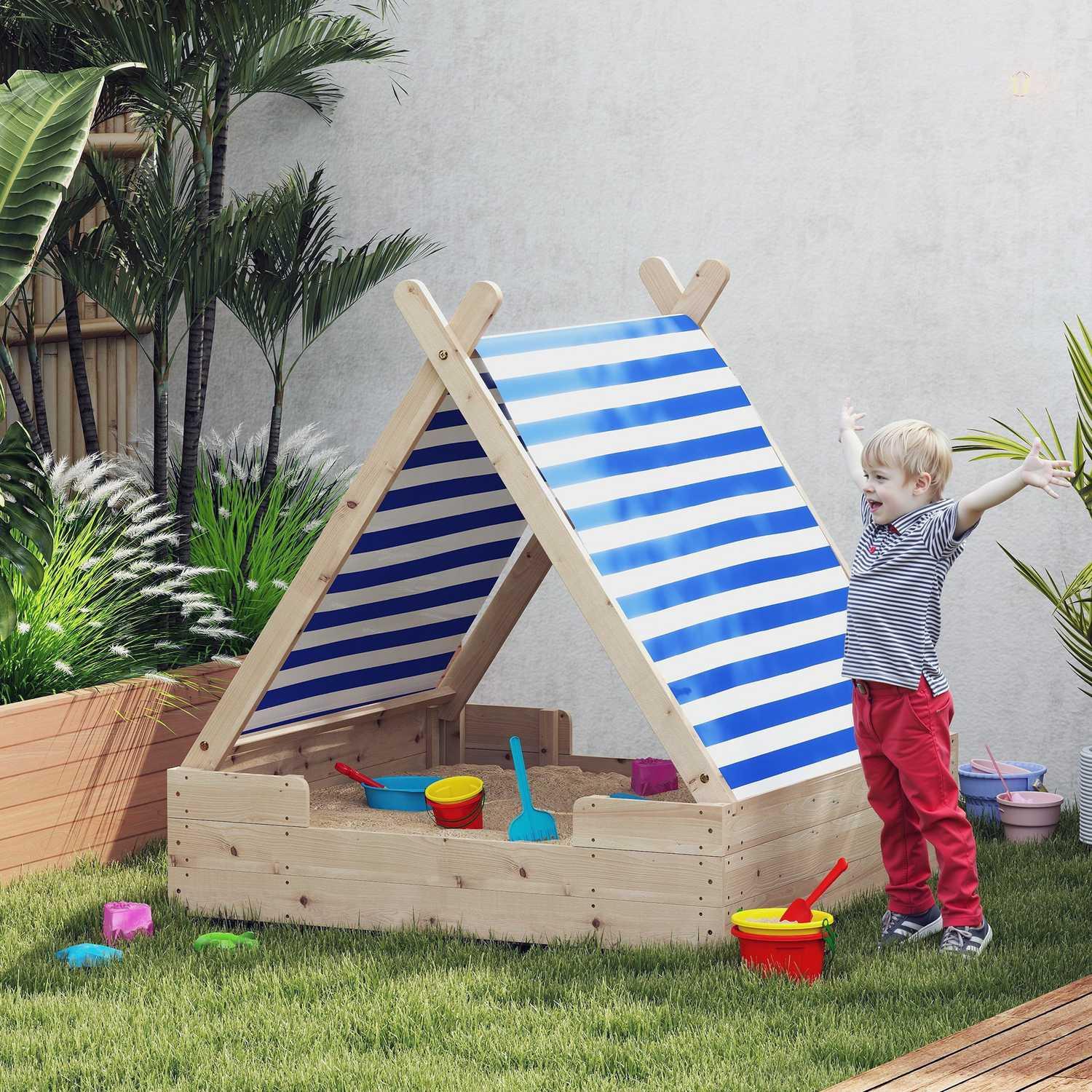 Northio  Sandkasten mit Zeltdach, 120 x 120 cm Sandkiste aus Holz Sandbox mit Bodenplane, Abnehmbarem Dach für 3-6 Jahre Kinder Natur Aosom 