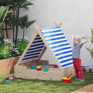 Northio  Sandkasten mit Zeltdach, 120 x 120 cm Sandkiste aus Holz Sandbox mit Bodenplane, Abnehmbarem Dach für 3-6 Jahre Kinder Natur Aosom 