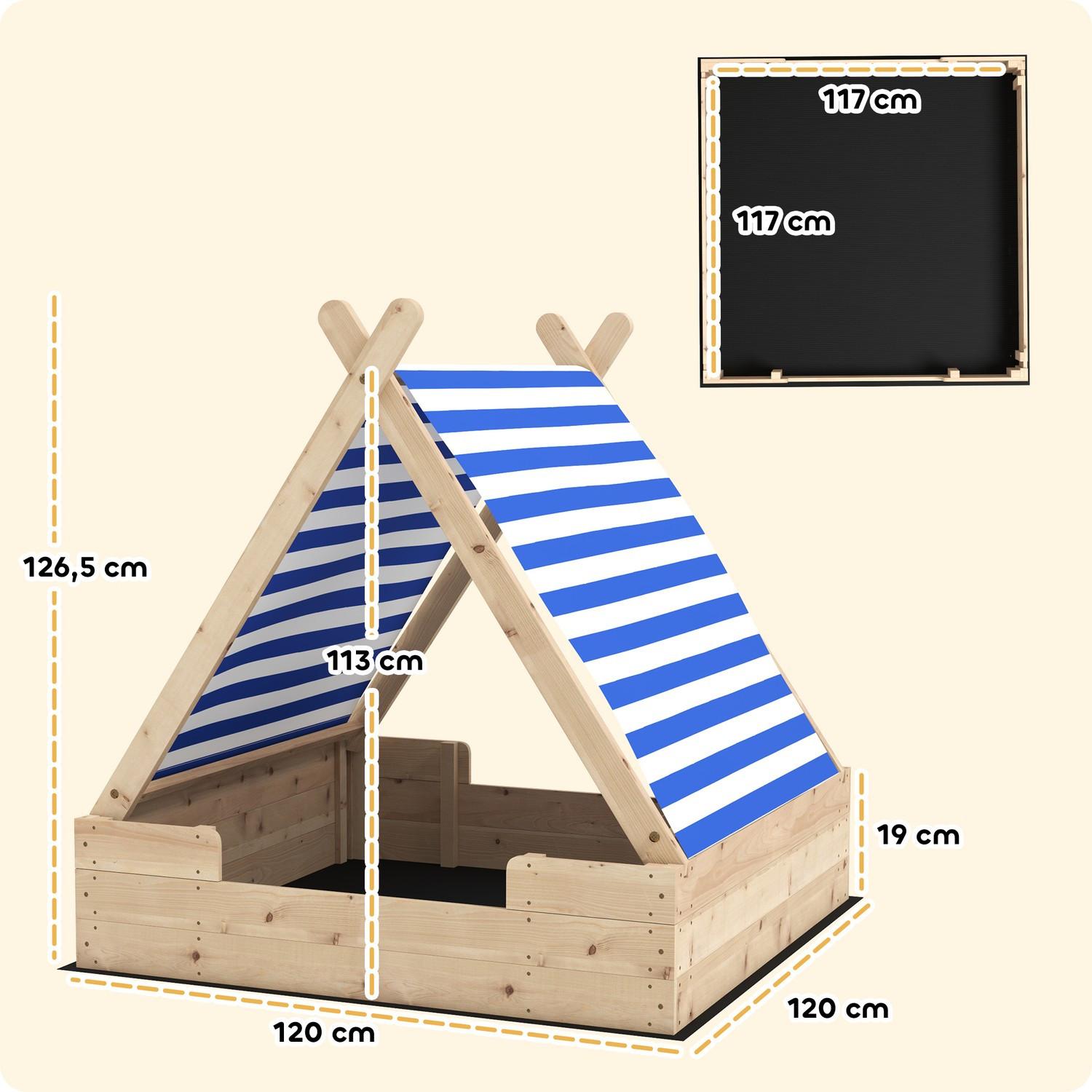 Northio  Sandkasten mit Zeltdach, 120 x 120 cm Sandkiste aus Holz Sandbox mit Bodenplane, Abnehmbarem Dach für 3-6 Jahre Kinder Natur Aosom 