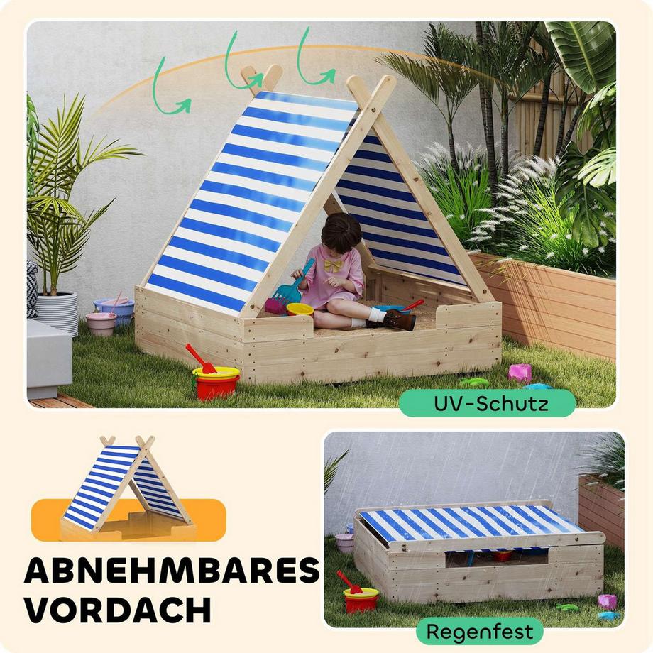 Northio  Sandkasten mit Zeltdach, 120 x 120 cm Sandkiste aus Holz Sandbox mit Bodenplane, Abnehmbarem Dach für 3-6 Jahre Kinder Natur Aosom 