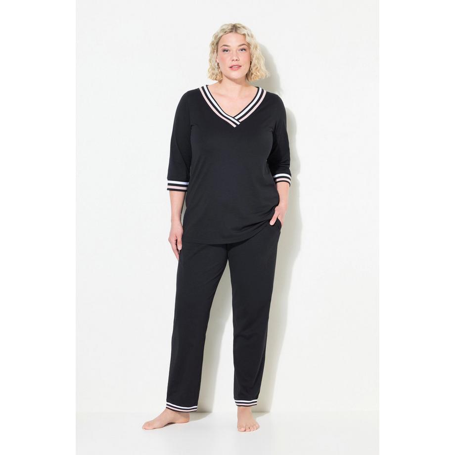 Ulla Popken Pyjama Rayures Décoratives Col V Manches 3/4  