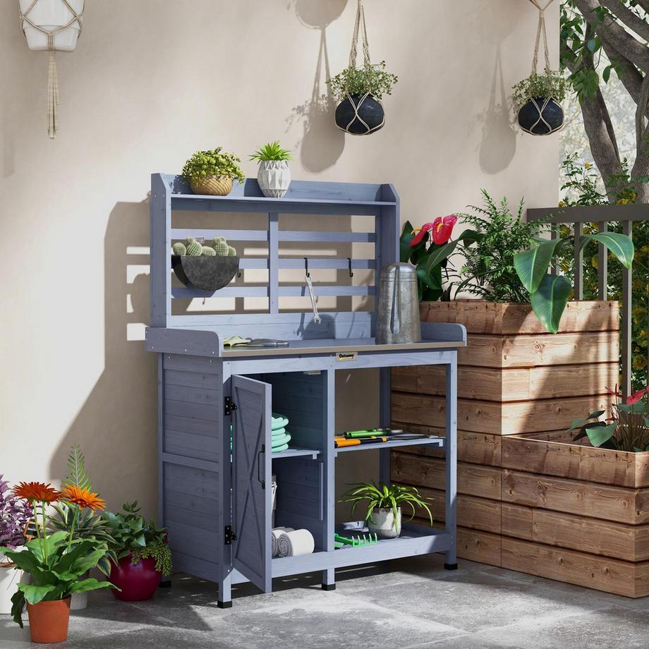 Northio Pflanztisch aus Holz Gärtnertisch mit Schrank & Arbeitsplatte 112x47x146cm Grau, 2 Ablagen & 4 Haken für Gartenliebhaber  
