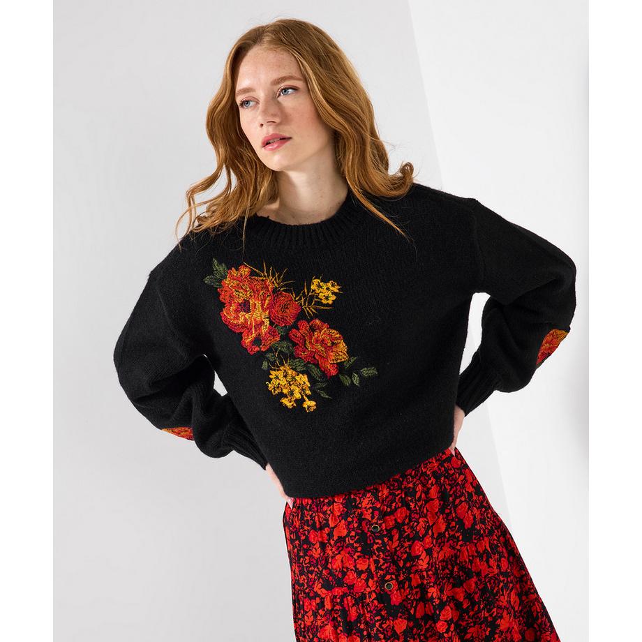 Geblümter bestickter Pullover mit übergroßen Ärmeln