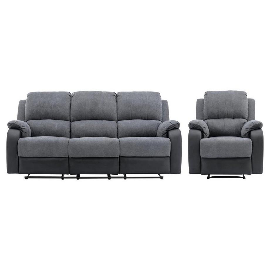 Canapé 3 places et fauteuil relax en microfibre et simili gris et noir BRODY