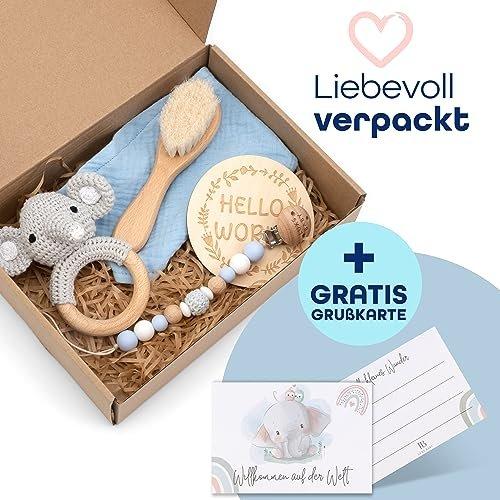 Activity-board  Babygeschenk Junge [6-teilig] für Neugeborene | handgefertigtes Spielzeug, Spucktuch, 