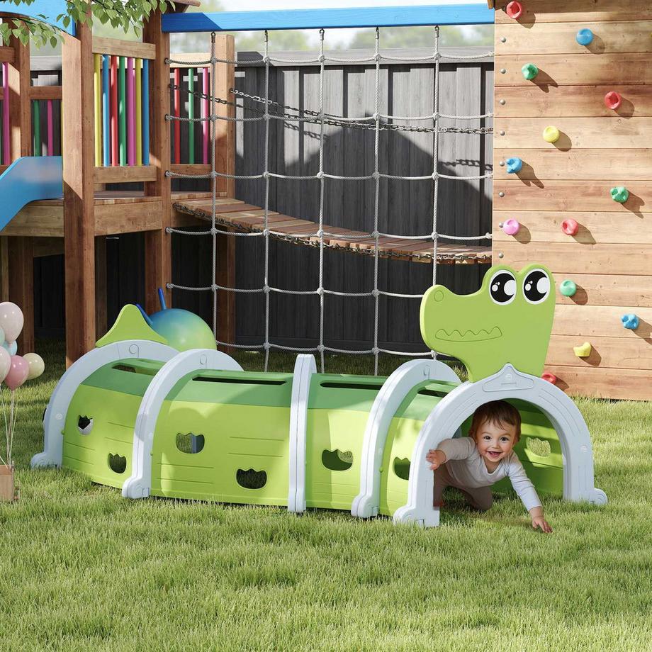 Northio  Tunnel rampant pour enfants, tunnel de jeu 194 cm, en crocodile de dessin animé, tunnel enfants, pour enfants de 3 à 6 ans, plastique, intérieur extérieur, vert 