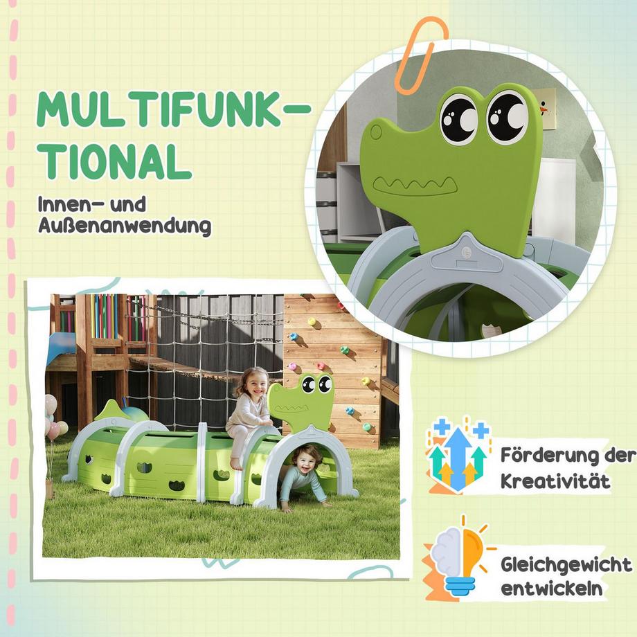 Northio  Tunnel rampant pour enfants, tunnel de jeu 194 cm, en crocodile de dessin animé, tunnel enfants, pour enfants de 3 à 6 ans, plastique, intérieur extérieur, vert 