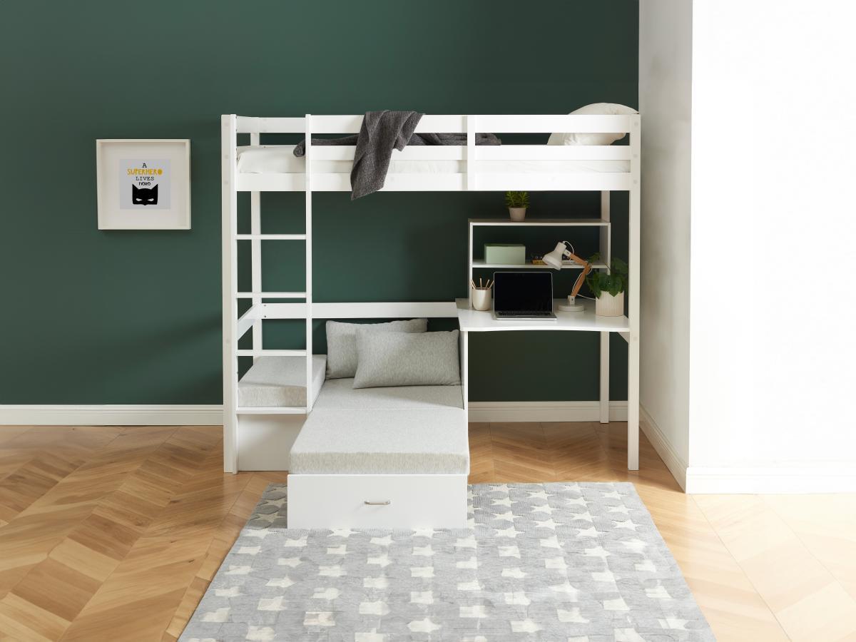 Vente-unique Lit mezzanine 90 x 200 cm avec bureau, sofa convertible et rangements - Pin massif - Blanchi + Matelas - GOLIATH III  