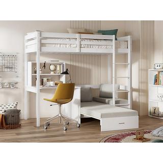 Vente-unique Hochbett mit Schreibtisch, Schlafsofa & Stauraum + Matratze - 90 x 200 cm - massives Kiefernholz - Weiß - GOLIATH III  