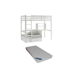 Vente-unique Letto a soppalco 90x200cm scrivania, divano letto e vani Pino massello Sbiancato + Materasso  - GOLIATH III  