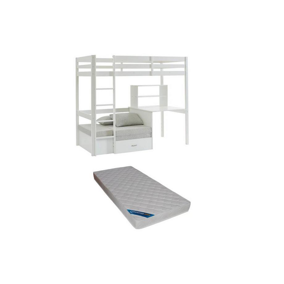 Lit mezzanine 90 x 200 cm avec bureau, sofa convertible et rangements - Pin massif - Blanchi + Matelas - GOLIATH III