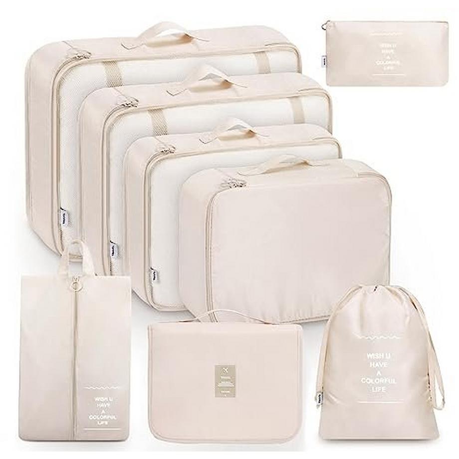 Only-bags.store  8-teilige Packwürfel, Kleidersäcke, Kofferorganisation für Urlaub und Reisen, Packwürfelset, Reisewürfel, Ordnungssystem für Koffer - Beige 