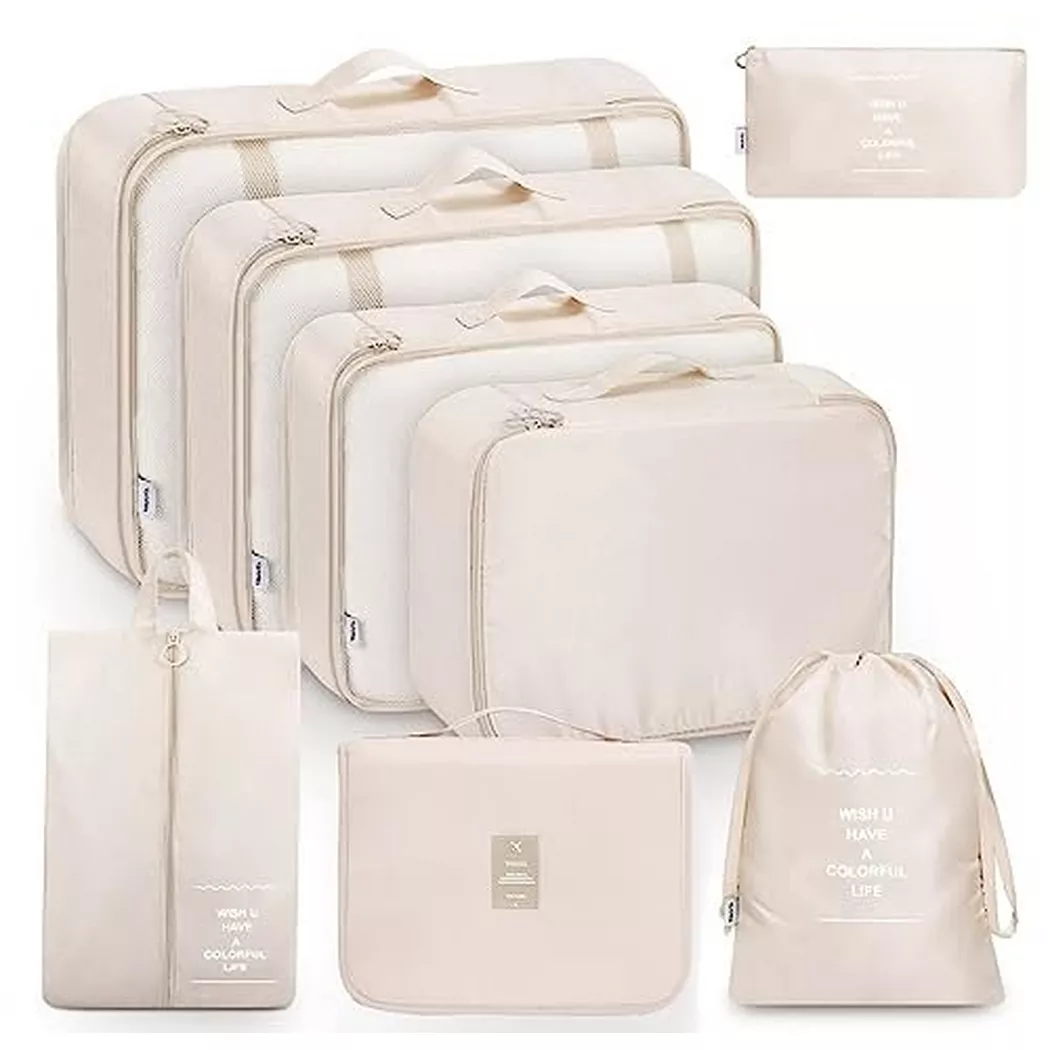 Only-bags.store - 8-teilige Packwürfel, Kleidersäcke, Kofferorganisation für Urlaub und Reisen, Packwürfelset, Reisewürfel, Ordnungssystem für Koffer - Beige, One Size