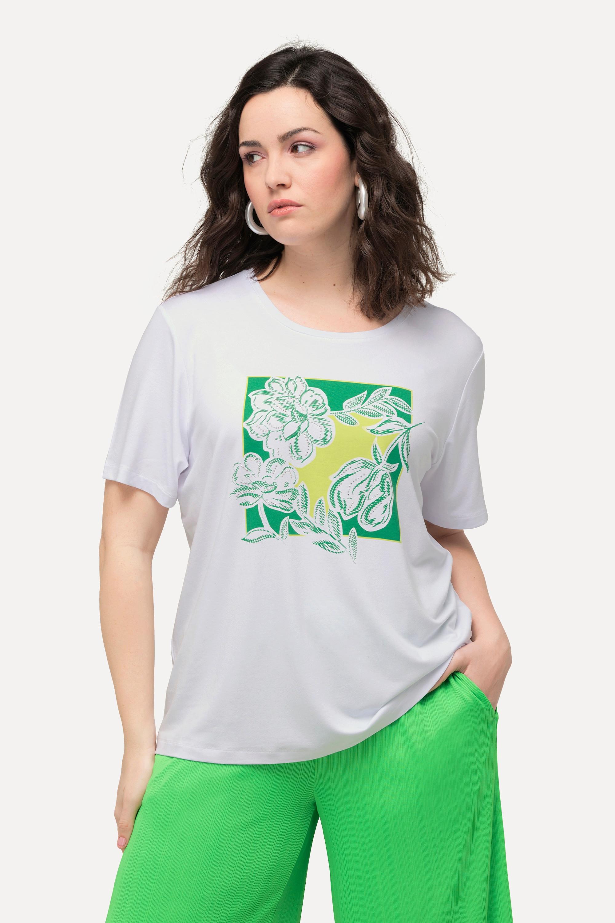 Ulla Popken  T-shirt con fiori, applicazioni, scollo a girocollo e mezze maniche 