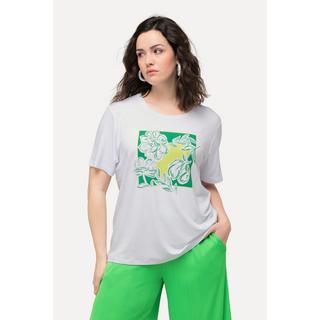 Ulla Popken  T-shirt con fiori, applicazioni, scollo a girocollo e mezze maniche 