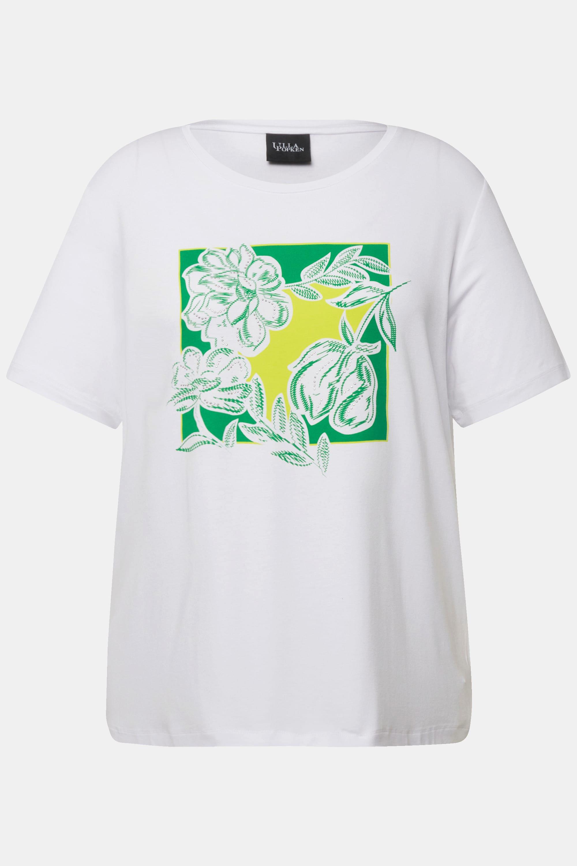 Ulla Popken  T-shirt con fiori, applicazioni, scollo a girocollo e mezze maniche 