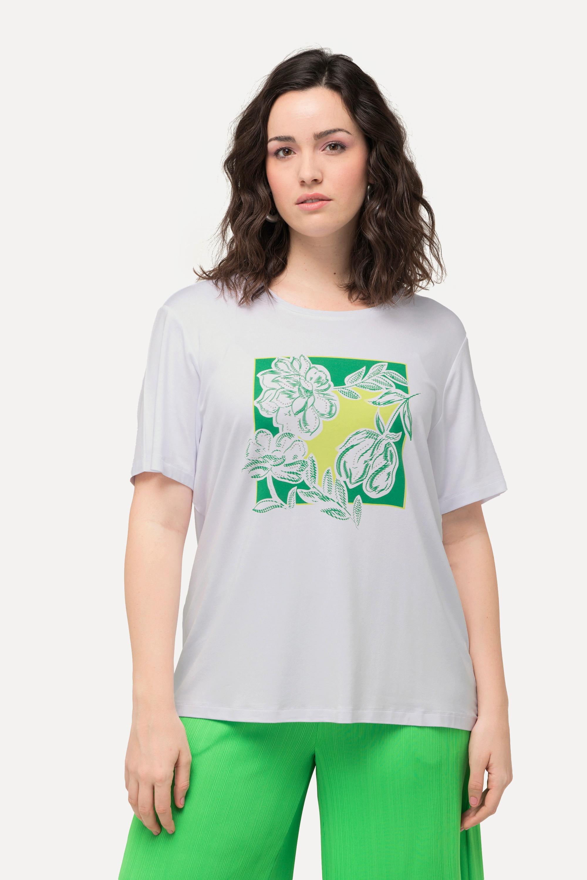 Ulla Popken  T-shirt avec motif floral et strass. Col rond et manches courtes 