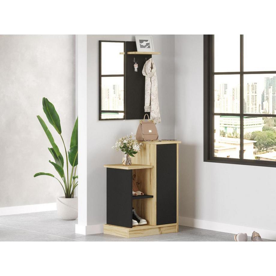 Vente-unique Guardaroba con specchio e scomparti Antracite e Naturale - BOLERO  