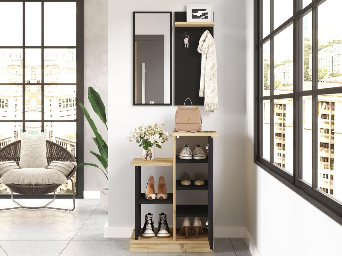 Vente-unique Guardaroba con specchio e scomparti Antracite e Naturale - BOLERO  