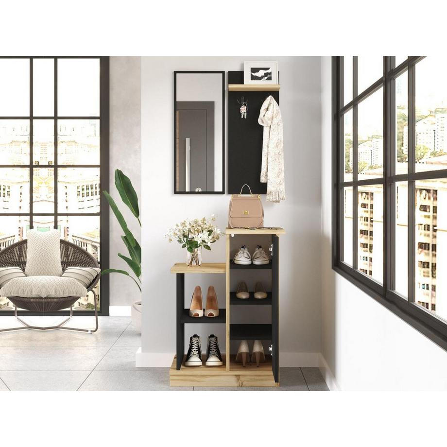 Vente-unique Guardaroba con specchio e scomparti Antracite e Naturale - BOLERO  