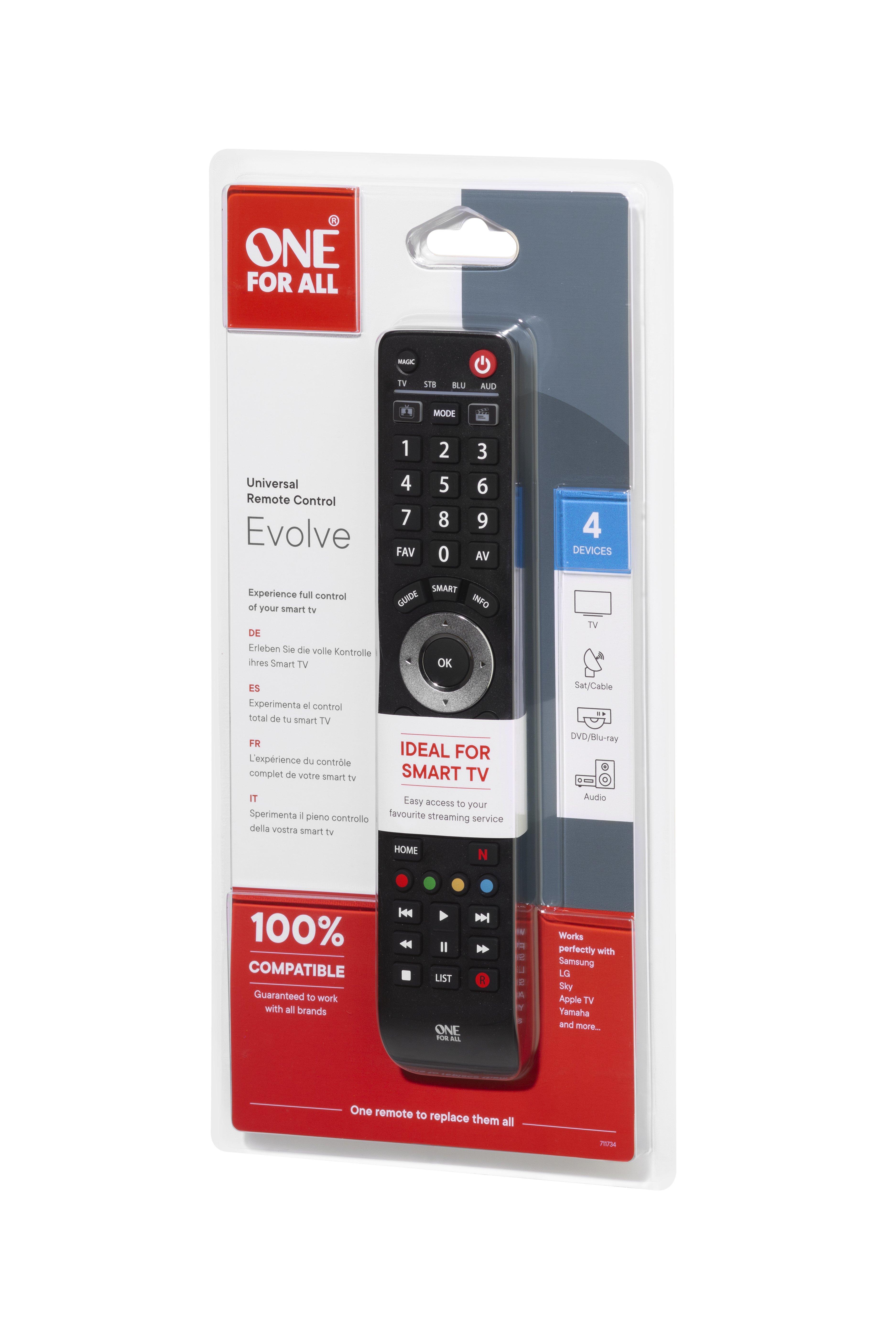 One For All  One For All Advanced Evolve 4 Fernbedienung IR Wireless TV, Beistellgerät, DVDBlu-ray Drucktasten 