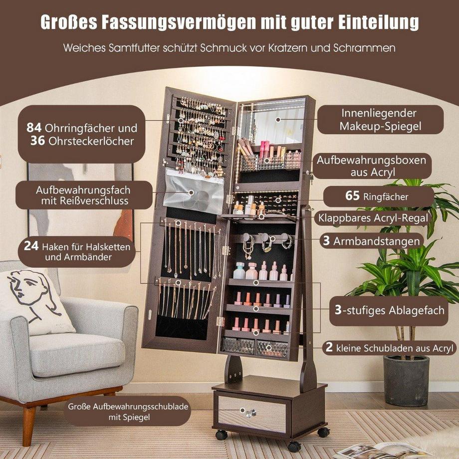 B2X Schmuckschrank mit 3 Spiegeln & Schublade & Rollen & Leuchten Schmuckspiegel Braun  