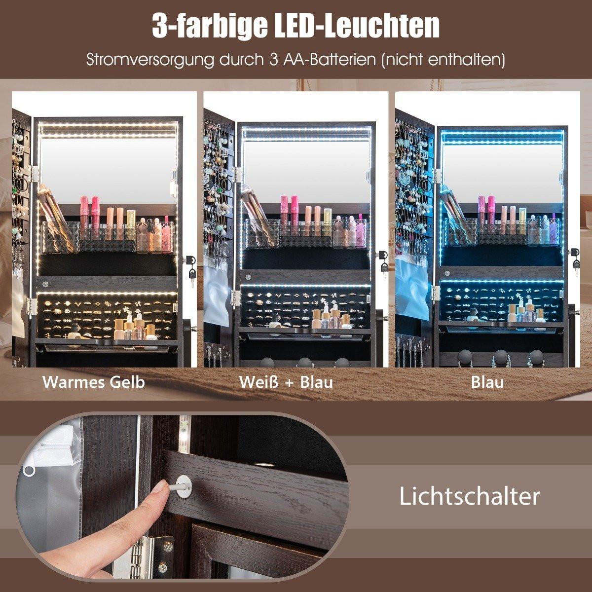 B2X Armadietto per gioielli con 3 specchi, cassetto, ruote e luci, specchio per gioielli marrone  